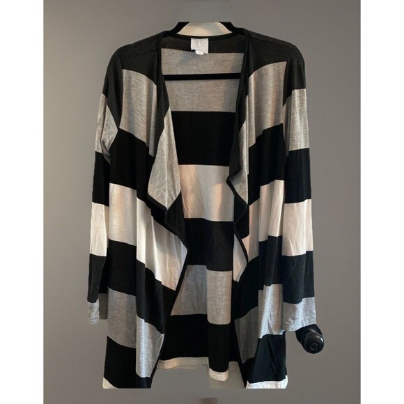 Sunday Sweaters - Sunday Women's Size L Open Front Long Sleeve Striped Cardigan Sweater Black Gray